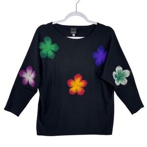 Aaeda Black Knit Sweater Womens Medium Floral Fuzzy Applique 3/4 Sleeve Artsy